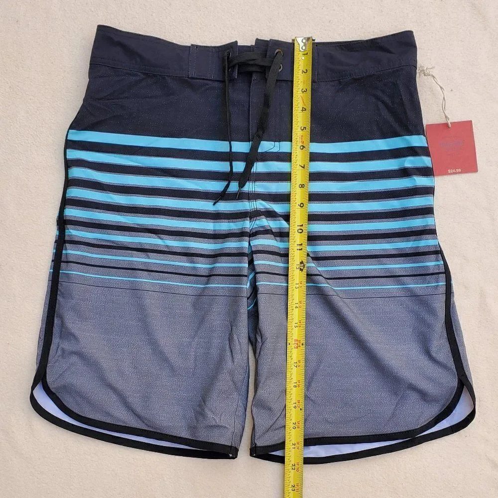 Mossimo black, teal, and gray striped board shorts